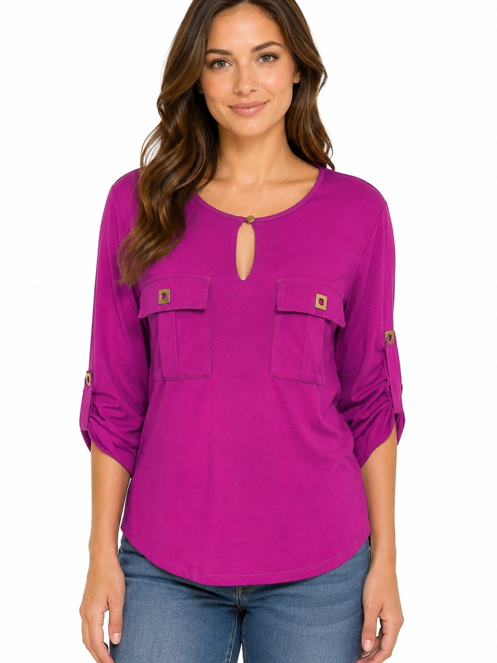Ellen Tracy Fuchsia Keyhole Roll-Sleeve Pocket Tunic